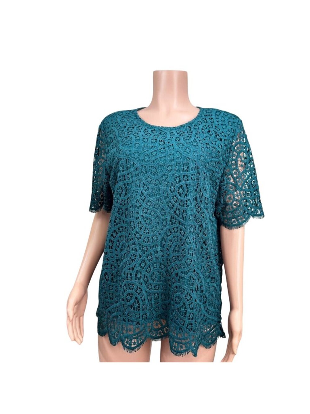 Philosophy Women  XXL Teal Green Lined Lace Overlay Short Sleeve Blouse Casual